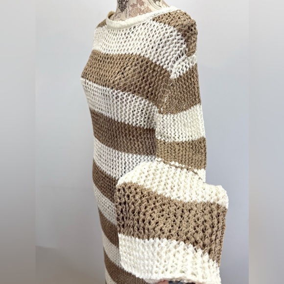 RIVER ISLAND Cream and Tan Striped long sleeve open back Swim Coverup size L - Picture 8 of 16